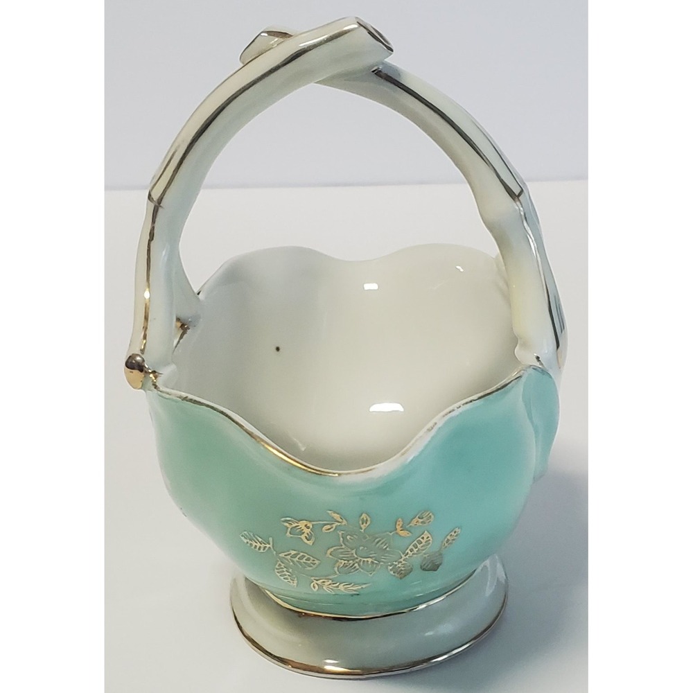 VTG Norcrest Fine China Trinket Basket Aqua/Pink/White HandPaint Gold Leaf 8/156 - Picture 4 of 11